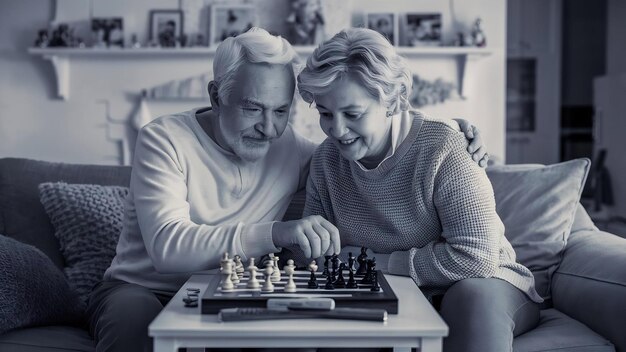 Um casal idoso a jogar xadrez em casa.