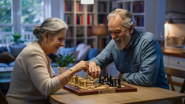 Um casal idoso a jogar xadrez em casa.