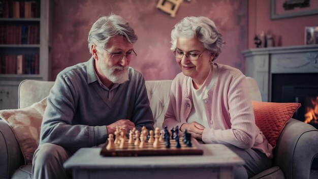 Um casal idoso a jogar xadrez em casa.