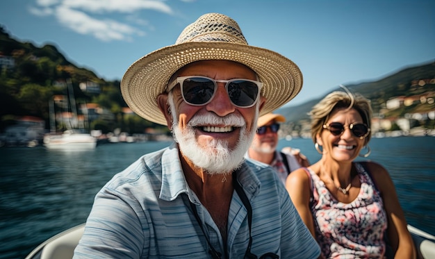 Um casal idoso a navegar na água