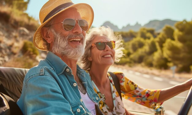 Foto um casal idoso a passear de carro