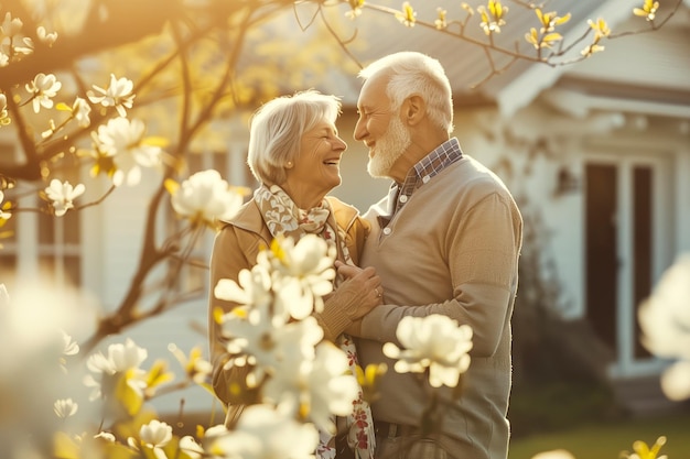 Um casal idoso arranjando pétalas de flores amarelas felizmente fora de sua casa