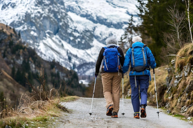 Um casal idoso ativo a caminhar pela estrada da montanha.