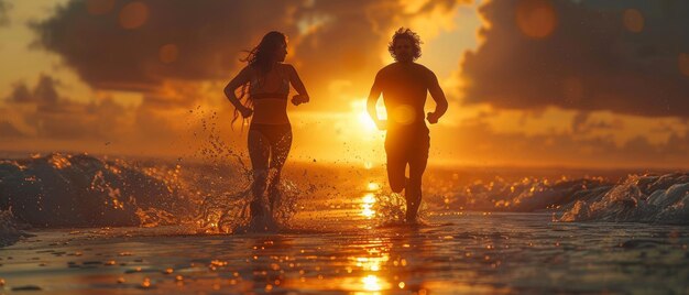 Foto um casal idoso correndo em uma praia ao pôr do sol