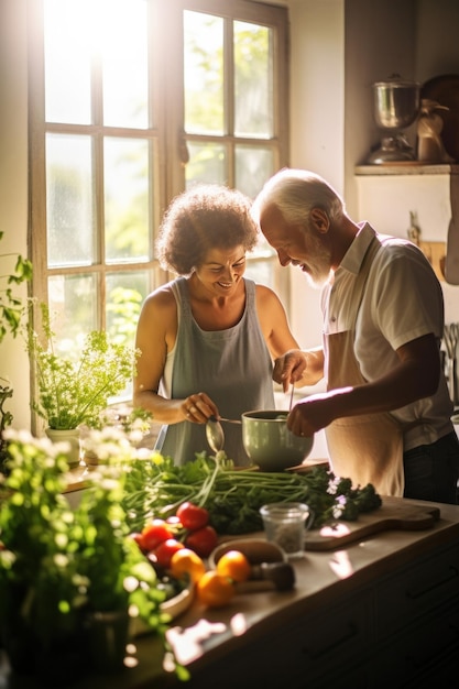 um casal idoso cozinhando café da manhã juntos em uma cozinha brilhante e aconchegante