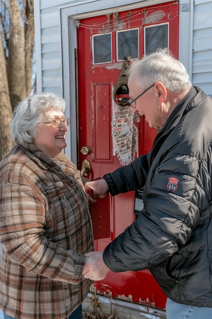 Um casal idoso de mãos dadas enquanto abre a porta da frente