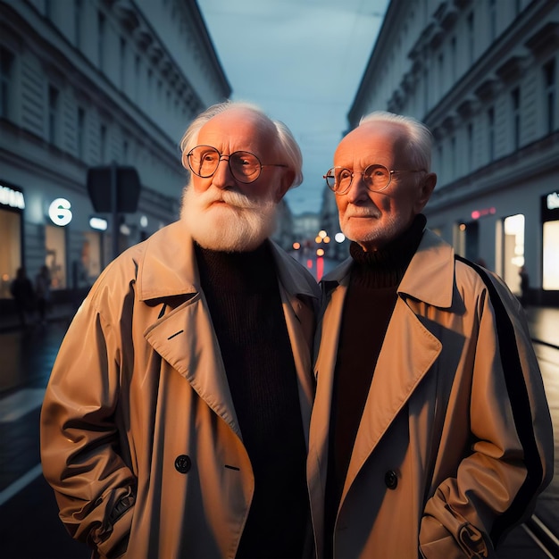 Foto um casal idoso de roupas de estilo balenciaga nas ruas da cidade à noite iluminando