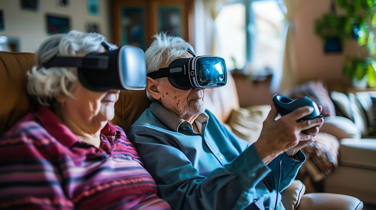 Foto um casal idoso desfrutando de uma experiência de realidade virtual em casa