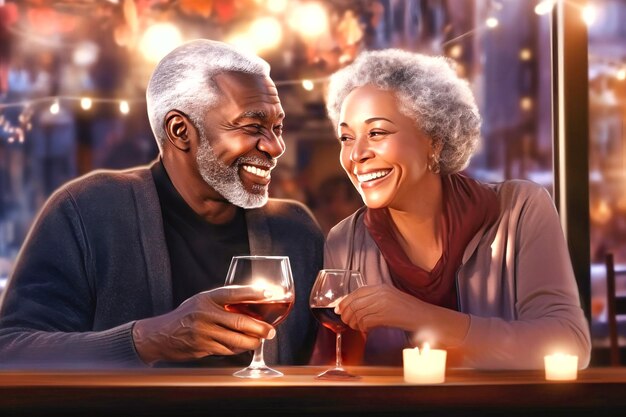 Um casal idoso desfrutando de vinho à mesa
