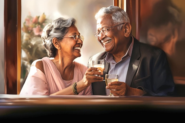 Um casal idoso desfrutando juntos de copos de vinho