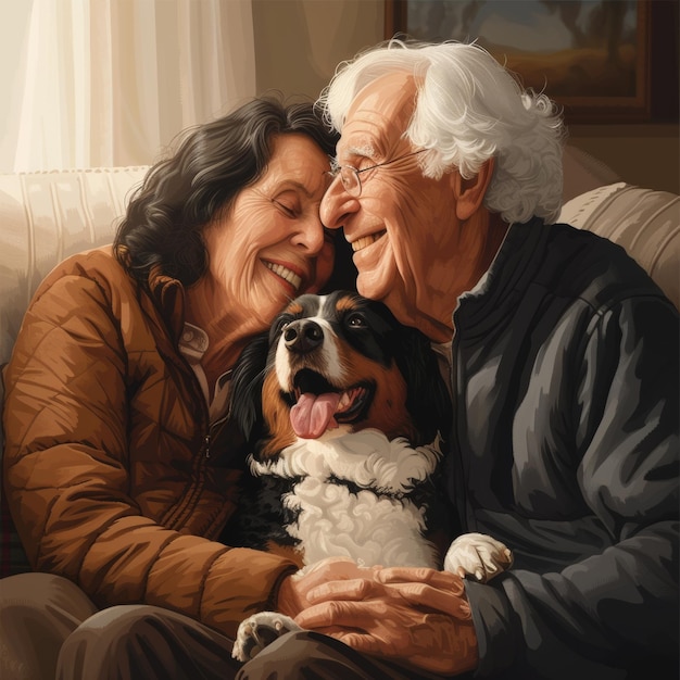 Foto um casal idoso é retratado com seu cachorro nesta pintura.