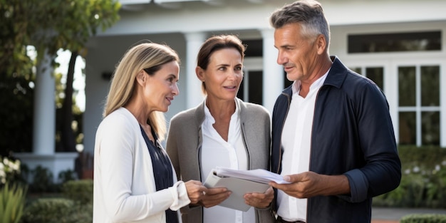 Foto um casal idoso e um agente imobiliário concordam em comprar uma casa.