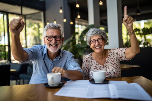 Foto um casal idoso entusiasmado dá cinco pontos. uma família adulta celebra o sucesso.