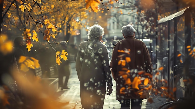 Foto um casal idoso está caminhando por uma rua arborizada no outono as folhas nas árvores são um belo tom de amarelo e laranja