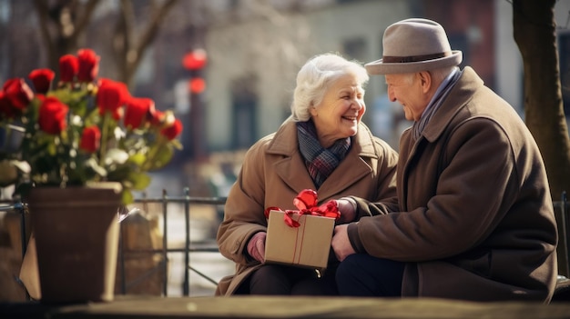 Foto um casal idoso feliz e aposentado apaixonado no dia dos namorados sentado
