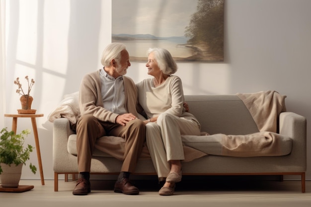 Um casal idoso no sofá em casa olhando um para o outro nos olhos e mostrando muita afeição