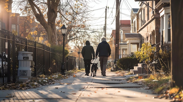 Um casal idoso passeando com seu cachorro em um dia ensolarado de outono Eles estão caminhando por uma rua arborizada com casas de tijolos em ambos os lados