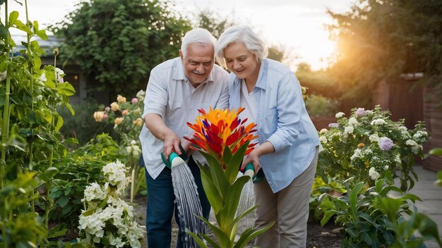 Um casal idoso regando uma flor no jardim da casa