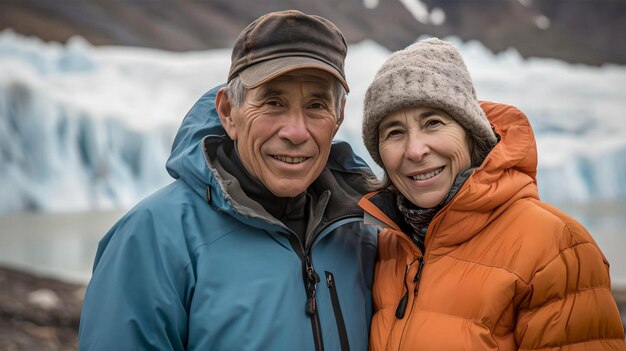 Um casal idoso sorrindo e desfrutando de sua viagem na geleira Perito Moreno, na Patagônia, na Argentina.