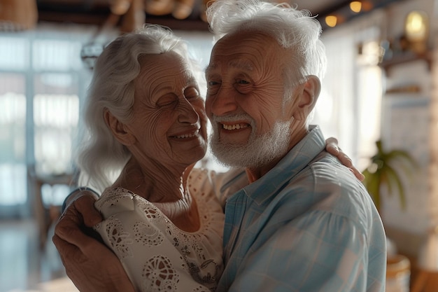 Um casal idoso sorrindo enquanto dança