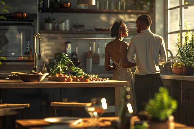 Um casal interracial a partilhar uma aventura culinária.