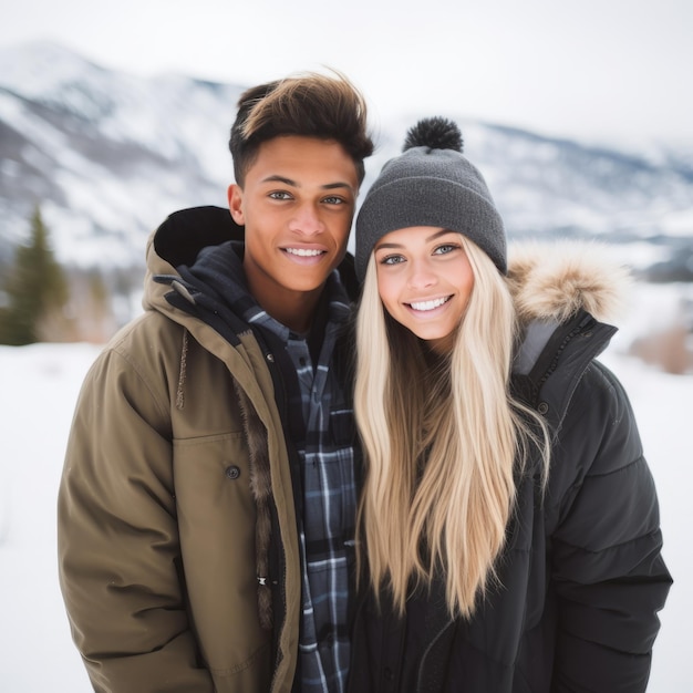 Um casal interracial adolescente está a desfrutar de um dia de inverno romântico.