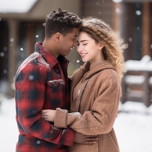 Um casal interracial adolescente está a desfrutar de um dia de inverno romântico.