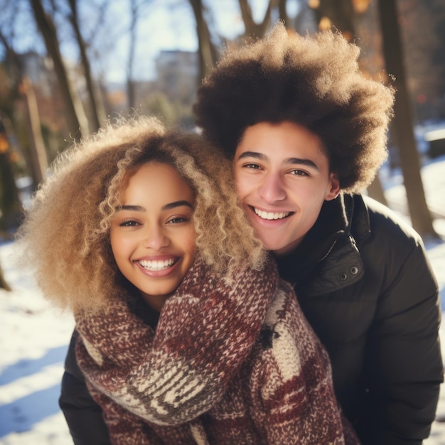 Um casal interracial adolescente está a desfrutar de um dia de inverno romântico.