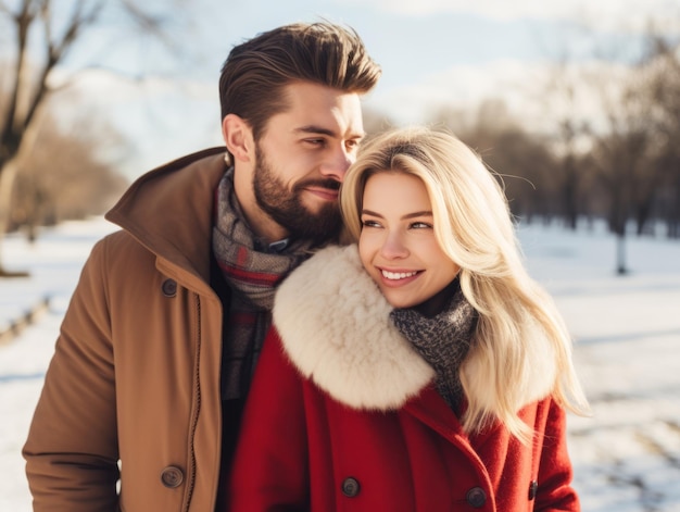 Um casal interracial está a desfrutar de um dia de inverno romântico.