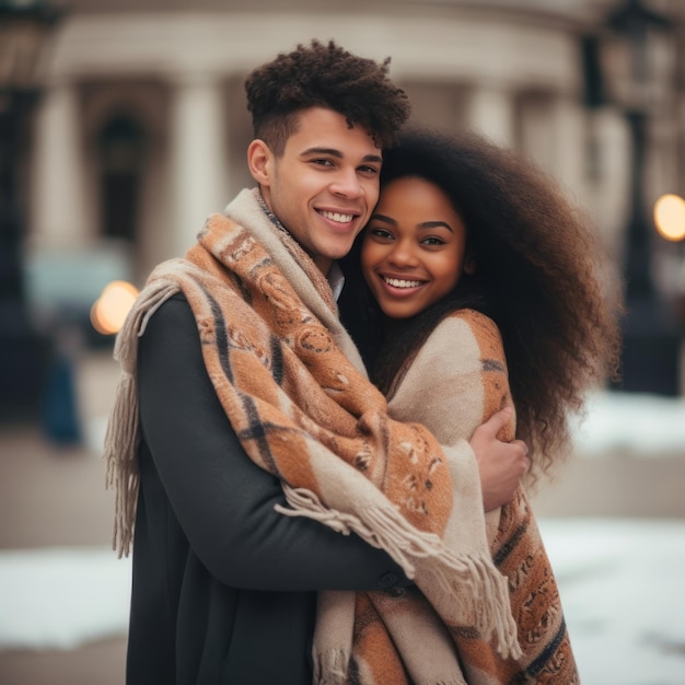 Um casal interracial está a desfrutar de um dia de inverno romântico.