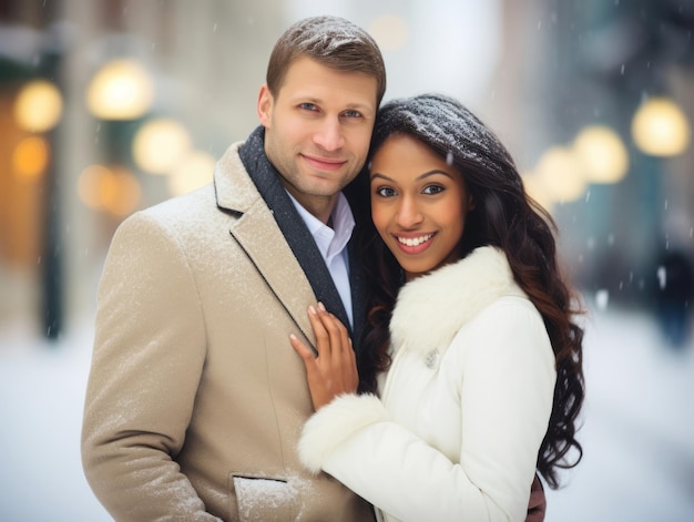 Um casal interracial está a desfrutar de um dia de inverno romântico.