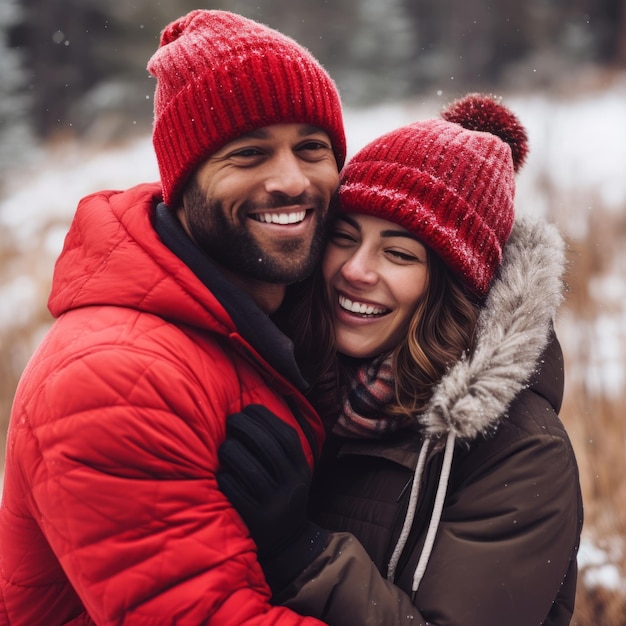 Um casal interracial está a desfrutar de um dia de inverno romântico.