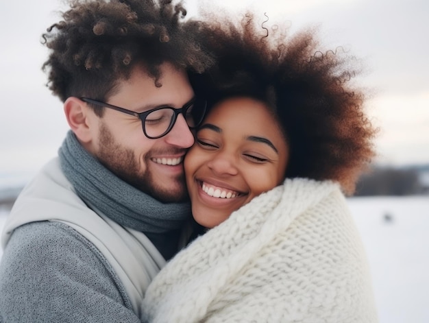 Um casal interracial está a desfrutar de um dia de inverno romântico.