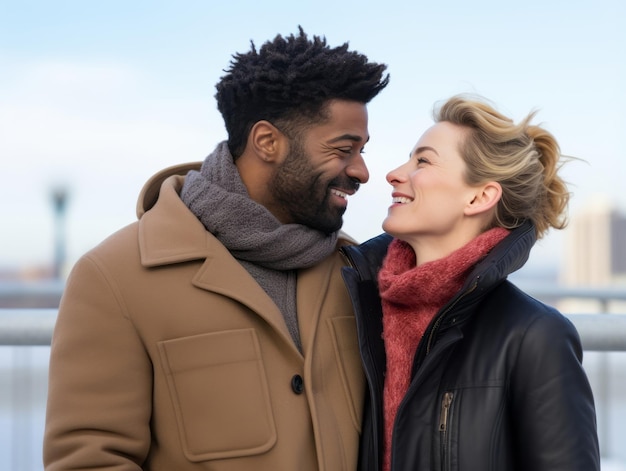 Um casal interracial está a desfrutar de um dia de inverno romântico.