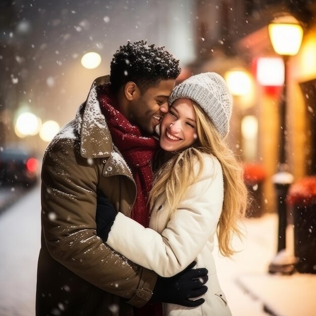 Foto um casal interracial está a desfrutar de um dia de inverno romântico.