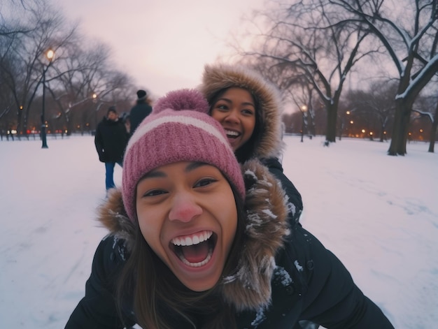 Um casal interracial está a desfrutar de um dia de inverno romântico.