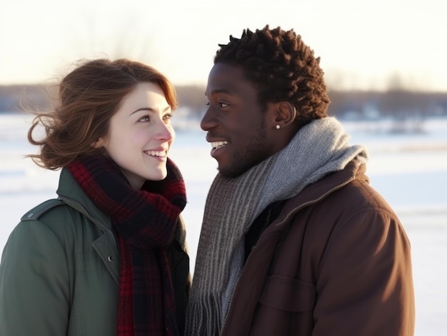 Foto um casal interracial está a desfrutar de um dia de inverno romântico.