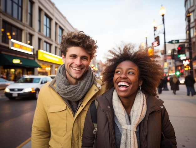 Um casal interracial está a desfrutar de um dia de inverno romântico.