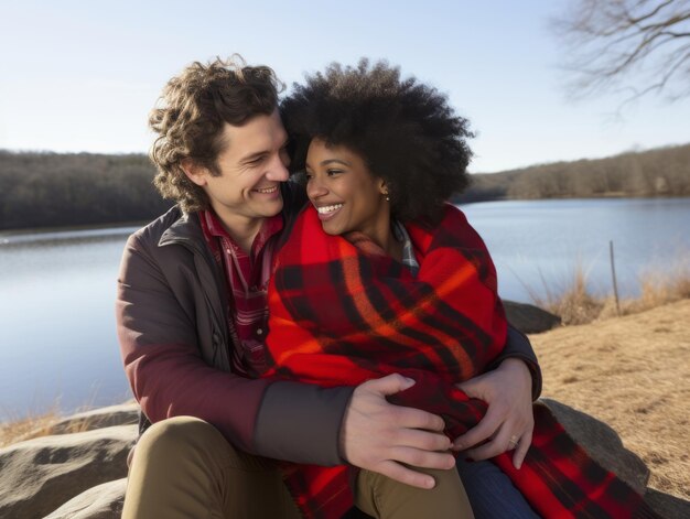 Foto um casal interracial está a desfrutar de um dia de inverno romântico.