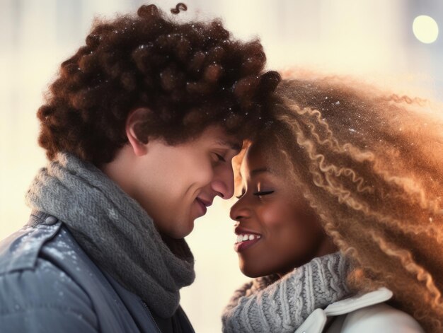 Um casal interracial está a desfrutar de um dia de inverno romântico.