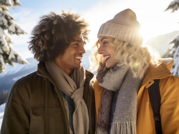 Um casal interracial está a desfrutar de um dia de inverno romântico.