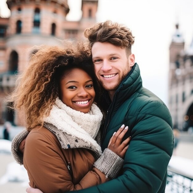 Um casal interracial está a desfrutar de um dia de inverno romântico.