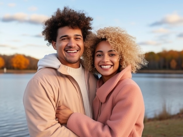 Um casal interracial está a desfrutar de um dia romântico de outono.