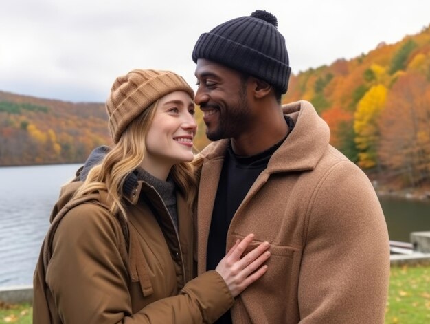 Foto um casal interracial está a desfrutar de um dia romântico de outono.