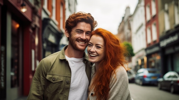 Um casal irlandês de moda a olhar para a rua da cidade.