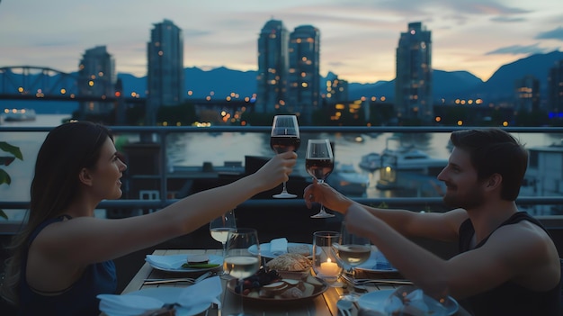 Um casal jovem brindando com copos de vinho durante um jantar romântico no pátio do telhado ao pôr-do-sol com a paisagem da cidade ao fundo