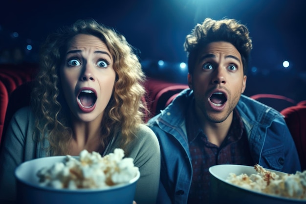 Um casal jovem com expressões de suspense segurando pipocas em um cinema