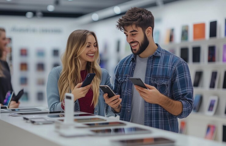 Foto um casal jovem comprando telefones com um vendedor ajudando-os em uma loja de eletrônicos