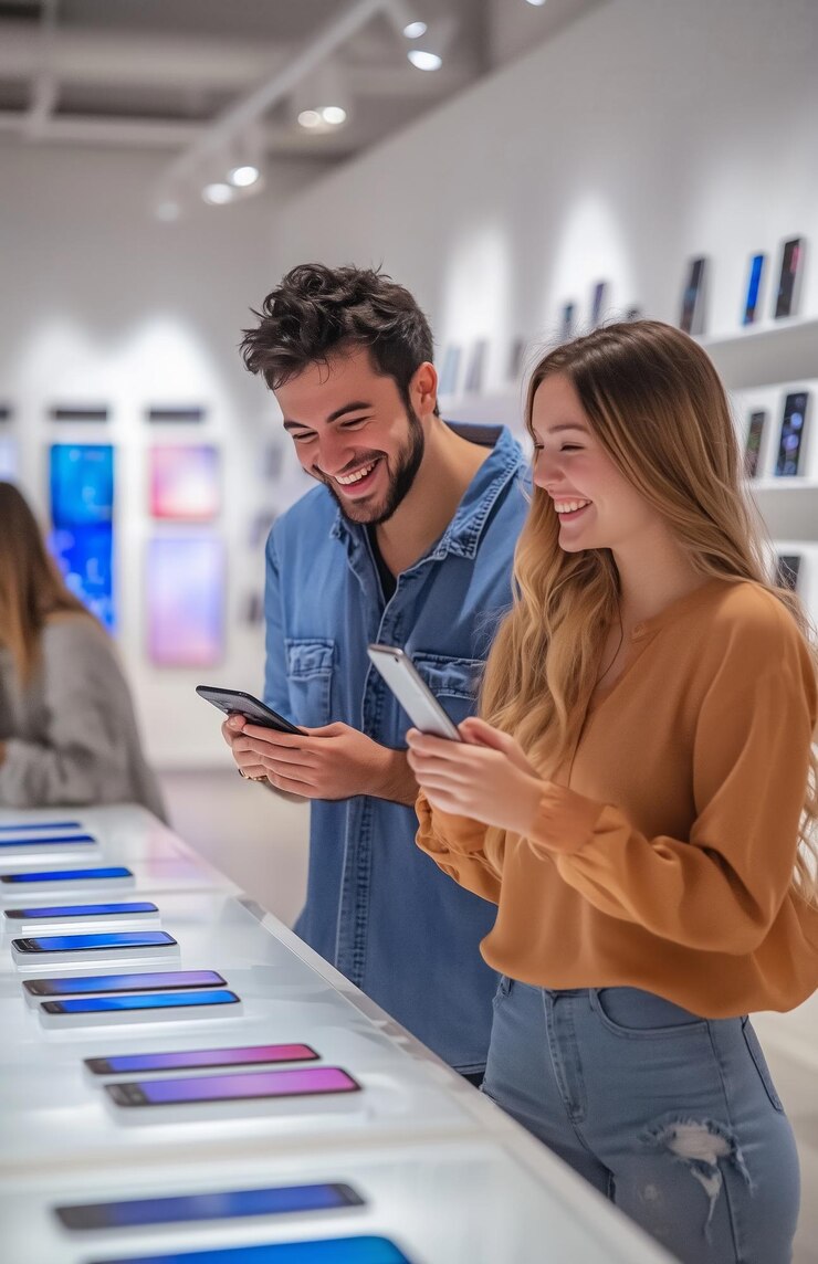Foto um casal jovem comprando telefones com um vendedor ajudando-os em uma loja de eletrônicos