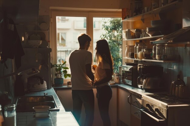 Um casal jovem e adorável a tomar o pequeno-almoço na cozinha antes do trabalho.